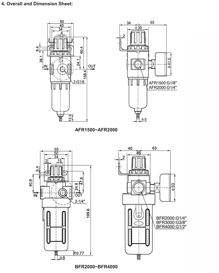 over dimension of AFR,BFR Series Air Filter and Regulator